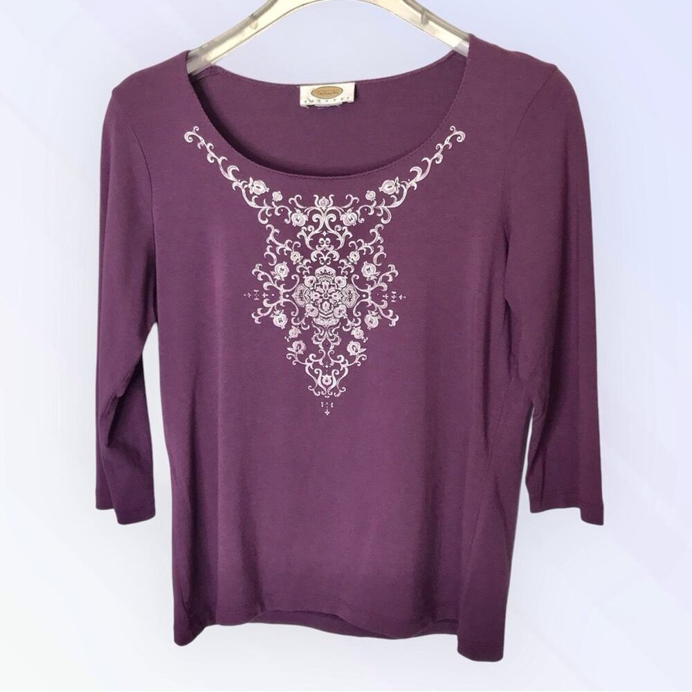 Talbots Purple & Silver Tee Shirt Paisley w/Rhinestone Round Neck